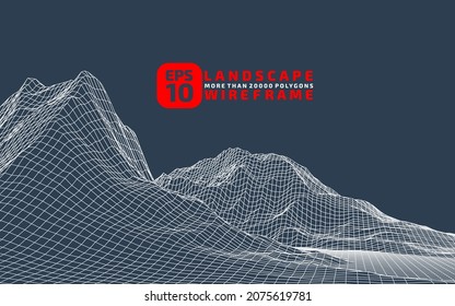 Abstract wireframe background. 3D grid technology, vector illustration landscape. Orange on black colors. Digital Terrain Cyberspace in Mountains with valleys. Data Array. Isolated object. Ultra Wide.