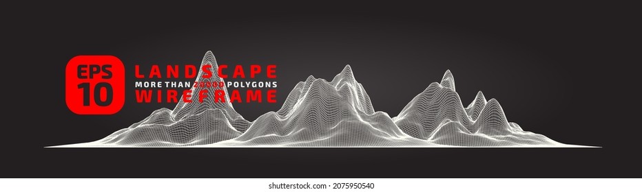 Abstract wireframe background. 3D grid technology, vector illustration landscape. White on black colors. Digital Terrain Cyberspace in Mountains with valleys. Data Array. Isolated object. Ultra Wide.