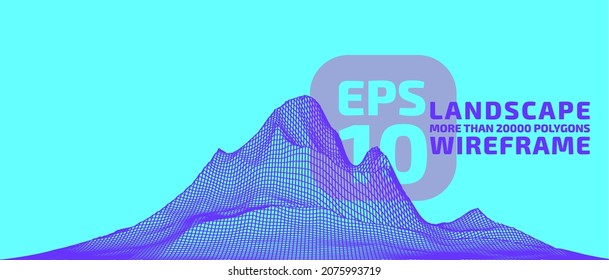 Abstract wireframe background. 3D grid technology, vector illustration landscape. Blue on Blue colors. Digital Terrain Cyberspace in Mountains with valleys. Data Array. Isolated object. Ultra Wide.