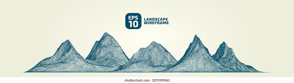 Abstract wireframe background. 3D grid technology, vector illustration landscape. Green on Yellow colors. Digital Terrain Cyberspace in Mountains with valleys. Data Array. Isolated object. Ultra Wide.