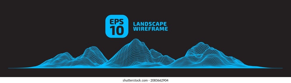 Abstract wireframe background. 3D grid technology, vector illustration landscape. Blue on black colors. Digital Terrain Cyberspace in Mountains with valleys. Data Array. Isolated object. Ultra Wide.