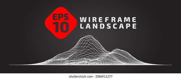Abstract wireframe background. 3D grid technology, vector illustration landscape. White on black colors. Digital Terrain Cyberspace in Mountains with valleys. Data Array. Isolated object. Wide size.