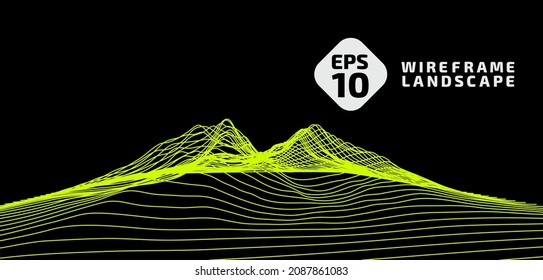 Abstract wireframe background. 3D grid technology, vector illustration landscape. Acid Green on black color. Digital Terrain Cyberspace in Mountains and valleys, Data Array. Isolated object. Wide size