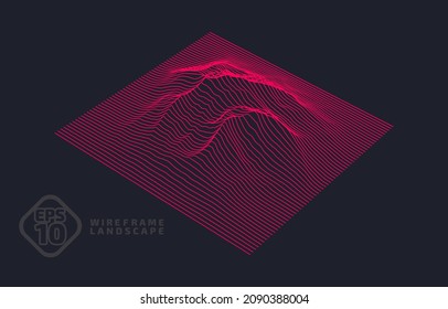 Abstrakter Wireframe Hintergrund. 3D Gittertechnologie, Vektorgrafik, isolierte Landschaft. Acid Pink auf schwarzen Farben. Digitales Terrain Cyberspace in Bergen und Tälern, Data Array. Quadrat.
