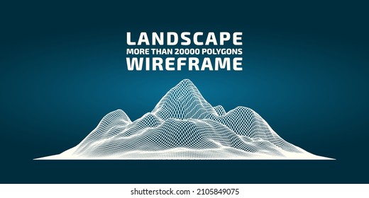 Abstract wireframe background. 3D grid technology, vector illustration landscape. Blue on Blue colors. Digital Terrain Cyberspace in Mountains with valleys. Data Array. Isolated object. Wide size.