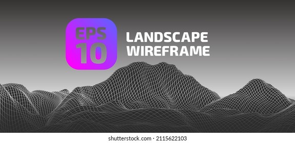 Abstract wireframe background. 3D grid technology, vector illustration landscape. On Dark colors. Digital Terrain Cyberspace in Mountains and valleys, Data Array. Isolated object. Wide size