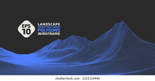 Fondo de trama abstracta. paisaje de ilustración de tecnología de cuadrícula 3D. Ciberespacio Digital Terrain en las montañas con valles. Matriz de datos. Tamaño ultra amplio. Negro y Azul. Ilustración vectorial.