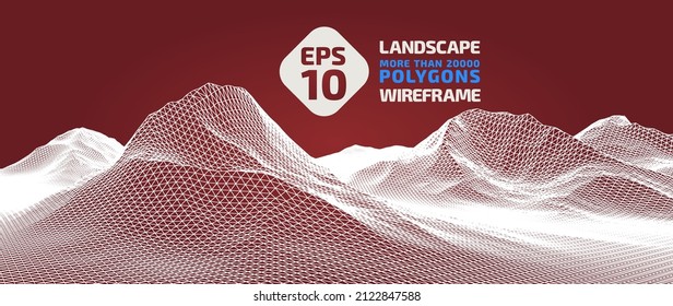 Abstract wireframe background. 3D grid technology, vector illustration landscape. White on Red colors. Digital Terrain Cyberspace in Mountains and valleys, Data Array. Isolated object. Wide size.