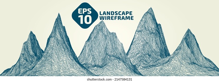 Abstract wireframe background. 3D grid technology illustration landscape. Digital Terrain Cyberspace in the Mountains with valleys. Data Array. Ultra wide size. Blue on Yellow. Vector Illustration.