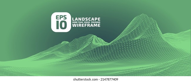Abstract wireframe background. 3D grid technology illustration landscape. Digital Terrain Cyberspace in the Mountains with valleys. Data Array. Vector Illustration.