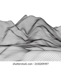 Abstract wireframe background. 3D grid technology mesh landscape. Black and white colors. Digital Terrain Cyberspace in the Mountains with valleys. Data Array. 1x1 aspect ratio. Vector Illustration.