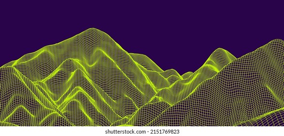 Abstract wireframe background. 3D grid technology illustration landscape. Digital Terrain Cyberspace in the Mountains with valleys. Data Array. Wide size. Green on violet. Vector Illustrati