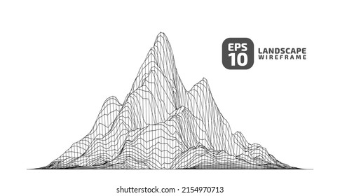 Abstract wireframe background. 3D grid technology mesh landscape. Black and white colors. Digital Terrain Cyberspace in the Mountains with valleys. Data Array. 1x1 aspect ratio. Vector Illustration.