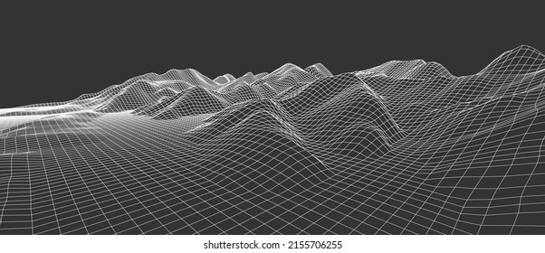 Abstract wireframe background. 3D grid technology, vector illustration landscape. White on black colors. Digital Terrain Cyberspace in Mountains with valleys. Data Array. Isolated object. Wide size.