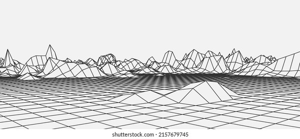 Abstract wireframe background. 3D grid technology, vector illustration landscape. Black on White colors. Digital Terrain Cyberspace object in Mountains with valleys. Data Array. Wide size.