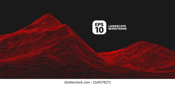 Abstract wireframe background. 3D grid technology illustration landscape. Digital Terrain Cyberspace in the Mountains with valleys. Data Array. Wide size. Red on black. Vector Illustration.