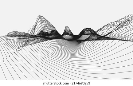 Abstract wireframe background. 3D grid technology, vector illustration landscape. Black on White colors. Digital Terrain Cyberspace object in Mountains with valleys. Data Array. Wide size.