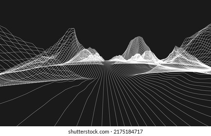 Abstract Wireframe Background. 3D Grid Technology, Vector Illustration Landscape. White On Black Colors. Digital Terrain Cyberspace In Mountains With Valleys. Data Array. Isolated Object. Wide Size.