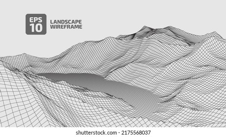 Abstract wireframe background. 3D grid technology, vector illustration landscape. Black on White colors. Digital Terrain Cyberspace object in Mountains with valleys. Data Array. Wide size.