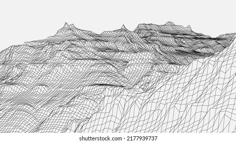 Abstract wireframe background. 3D grid technology, vector illustration landscape. Black on White colors. Digital Terrain Cyberspace object in Mountains with valleys. Data Array. Wide size.