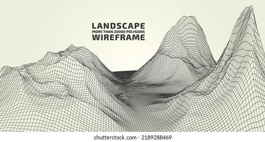 Abstract wireframe background. 3D grid technology, vector illustration landscape. Black on gray colors. Digital Terrain Cyberspace in Mountains with valleys. Data Array. Isolated object.