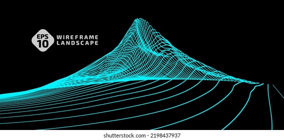 Abstrakter Wireframe Hintergrund. 3D-Gittertechnologie, Vektorgrafik-Landschaft. Blau auf schwarzen Farben. Digitales Terrain Cyberspace in Bergen mit Tälern. Datenarray. Eingeschlossenes Objekt. Große Größe.