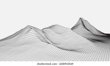 Abstract wireframe background. 3D grid technology, vector illustration landscape. Black on gray colors. Digital Terrain Cyberspace in Mountains with valleys. Data Array. Isolated object.