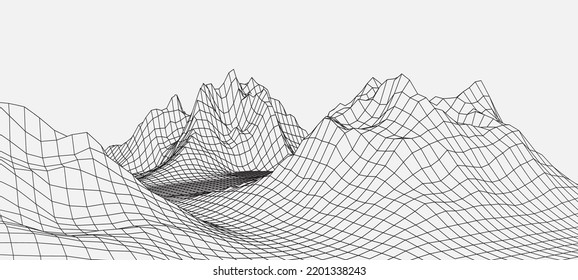 Abstract wireframe background. 3D grid technology, vector illustration landscape. Black on gray colors. Digital Terrain Cyberspace in Mountains with valleys. Data Array. Isolated object.