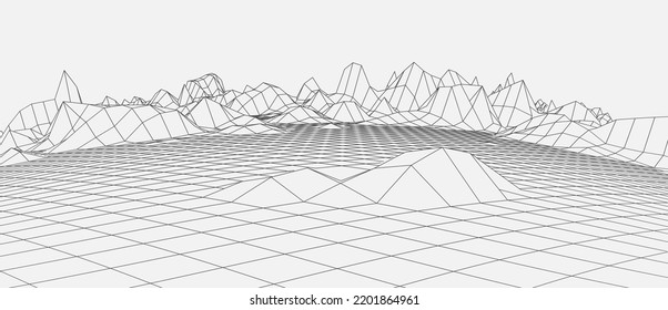Abstract wireframe background. 3D grid technology, vector illustration landscape. Black on gray colors. Digital Terrain Cyberspace in Mountains with valleys. Data Array. Isolated object.