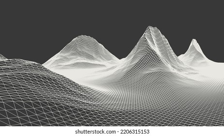 Abstract wireframe background. 3D grid technology illustration landscape. Digital Terrain Cyberspace in the Mountains with valleys. Data Array. Triangle polygons. White on Black. Vector Illustration.