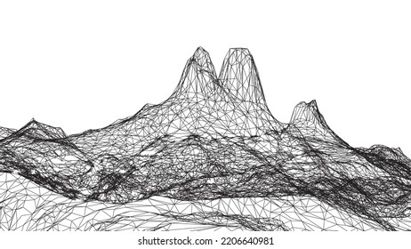 Abstract wireframe background. 3D grid technology illustration landscape. Digital Terrain Cyberspace in the Mountains with valleys. Data Array. Wide size. Black and White. Vector Illustration.