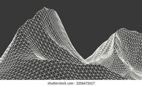 Abstract wireframe background. 3D grid technology illustration landscape. Digital Terrain Cyberspace in the Mountains with valleys. Data Array. Triangle polygons. White on Black. Vector Illustration.