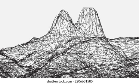 Abstract wireframe background. 3D grid technology illustration landscape. Digital Terrain Cyberspace in the Mountains with valleys. Data Array. Wide size. Black and White. Vector Illustration.