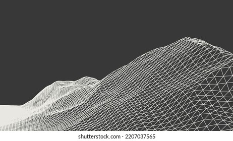 Abstract wireframe background. 3D grid technology illustration landscape. Digital Terrain Cyberspace in the Mountains with valleys. Data Array. Triangle polygons. White on Black. Vector Illustration.