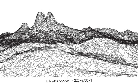 Abstract wireframe background. 3D grid technology illustration landscape. Digital Terrain Cyberspace in the Mountains with valleys. Data Array. Wide size. Black and White. Vector Illustration.