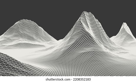 Abstract wireframe background. 3D grid technology illustration landscape. Digital Terrain Cyberspace in the Mountains with valleys. Data Array. Triangle polygons. White on Black. Vector Illustration.