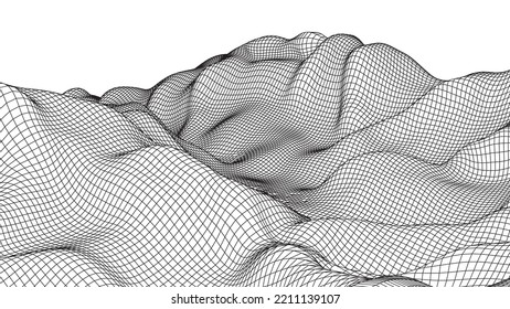 Abstract wireframe background. 3D grid technology, vector illustration landscape. Black on white colors. Digital Terrain Cyberspace in Mountains with valleys. Data Array. Isolated object.