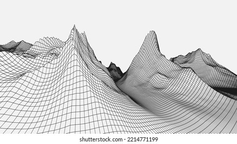 Abstract wireframe background. 3D grid technology illustration landscape. Black and white colors. Digital Terrain Cyberspace in Mountains with valleys. Data Array. Isolated object. Vector Illustration