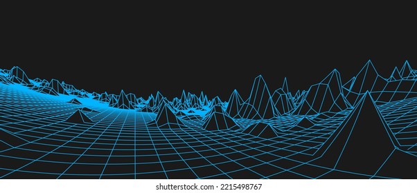 Abstract wireframe background. 3D grid technology, vector illustration landscape. Blue on Black colors. Digital Terrain Cyberspace in Mountains with valleys. Data Array. Isolated object.