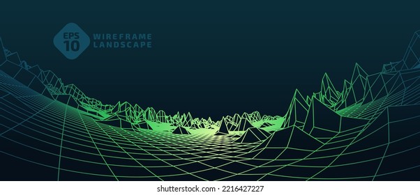 Abstract wireframe background. 3D grid technology illustration landscape. Digital Terrain Cyberspace in Mountains with valleys. Data Array. Green on dark green. Vector Illustration.
