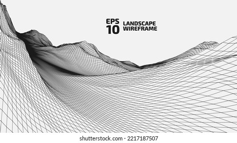 Abstract wireframe background. 3D grid technology illustration landscape. Digital Terrain Cyberspace in the Mountains with valleys. Data Array. Triangle polygons. Black on White. Vector Illustrati