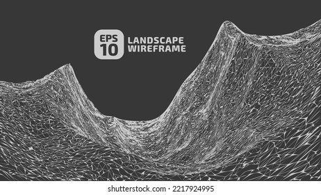 Abstract wireframe background. 3D grid technology illustration landscape. Digital Terrain Cyberspace in the Mountains with valleys. Data Array. Triangle polygons. White on Black. Vector Illustration.