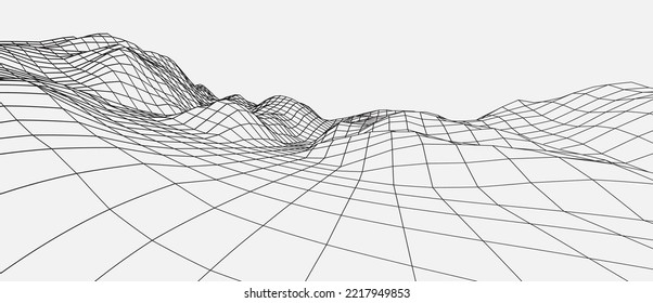 Fondo de trama abstracta. paisaje de ilustración de tecnología de cuadrícula 3D. Ciberespacio Digital Terrain en Montañas con valles. Matriz de datos. Negro sobre blanco. Ilustración vectorial.