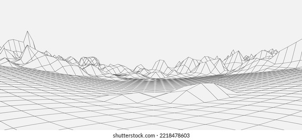 Abstract wireframe background. 3D grid technology illustration landscape. Digital Terrain Cyberspace in Mountains with valleys. Data Array. Black on white. Vector Illustration.