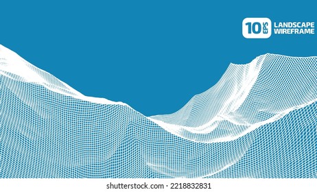 Abstract wireframe background. 3D grid technology illustration landscape. Digital Terrain Cyberspace in the Mountains with valleys. Data Array. Vector Illustration.