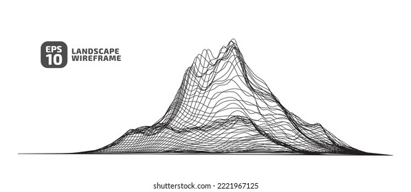 Abstract wireframe background. 3D grid technology illustration landscape. Digital Terrain Cyberspace in Mountains with valleys. Data Array. Parallel continuous lines. Black on White. Vector.