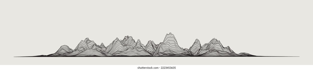 Abstract wireframe background. 3D grid technology illustration landscape. Digital Terrain Cyberspace in Mountains with valleys. Data Array. Triangle polygons. Black on Gray. Vector Illustration.