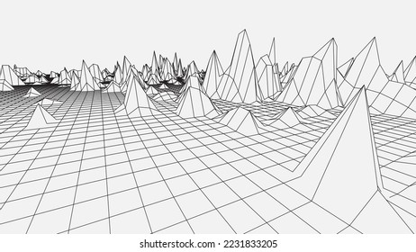 Abstract wireframe background. 3D grid technology illustration landscape. Digital Terrain Cyberspace in Mountains with valleys. Data Array. Black on white. Vector Illustration.