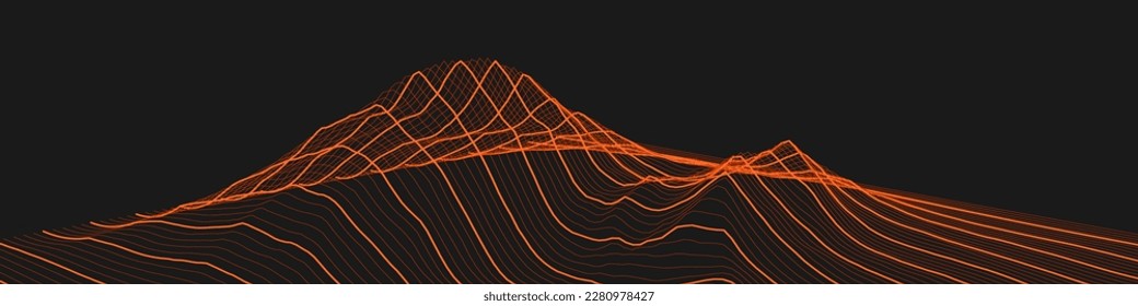Abstract wireframe background. 3D grid technology, vector illustration landscape. The concept of a conditional geography scheme and the terrain path. Orange on black. Ultra wide size. Vector.