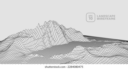 Abstract wireframe background. 3D grid technology, vector illustration landscape. Black on White colors. Digital Terrain Cyberspace in Mountains with valleys. Data Array. Isolated object.